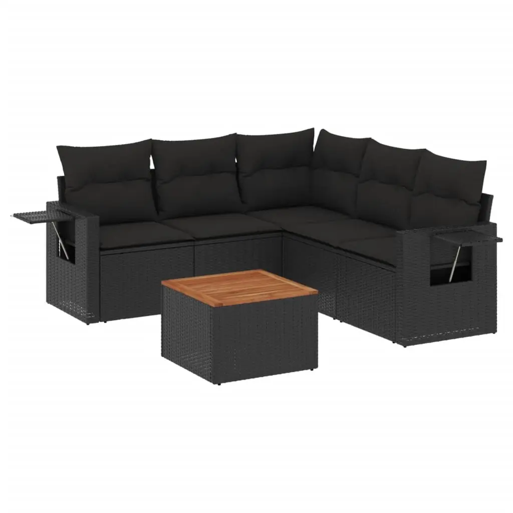 6 Piece Garden Sofa Set with Cushions Black Poly Rattan 3224557 - Furniture