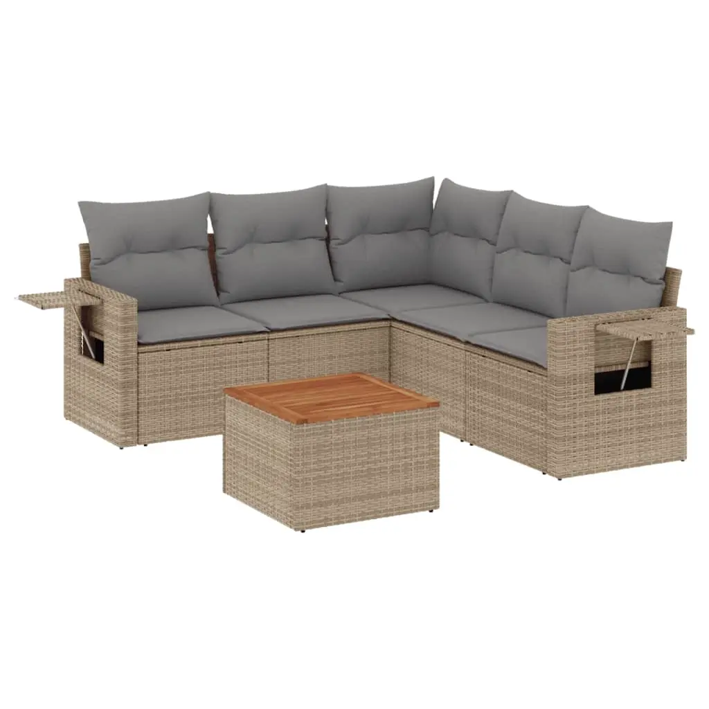 6 Piece Garden Sofa Set with Cushions Beige Poly Rattan 3224561 - Furniture
