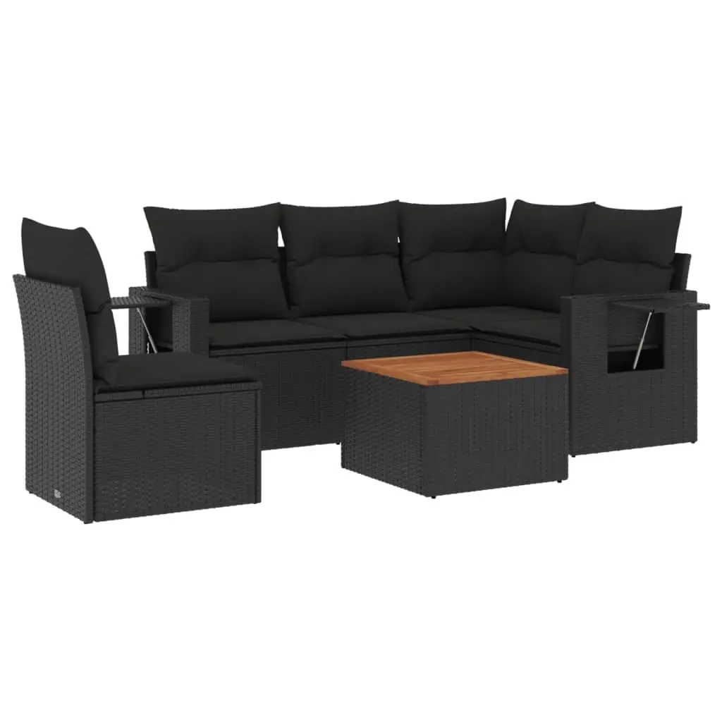 6 Piece Garden Sofa Set with Cushions Black Poly Rattan 3224564 - Furniture