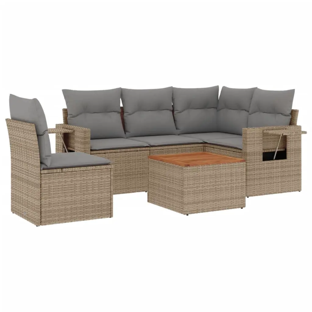 6 Piece Garden Sofa Set with Cushions Beige Poly Rattan 3224568 - Furniture