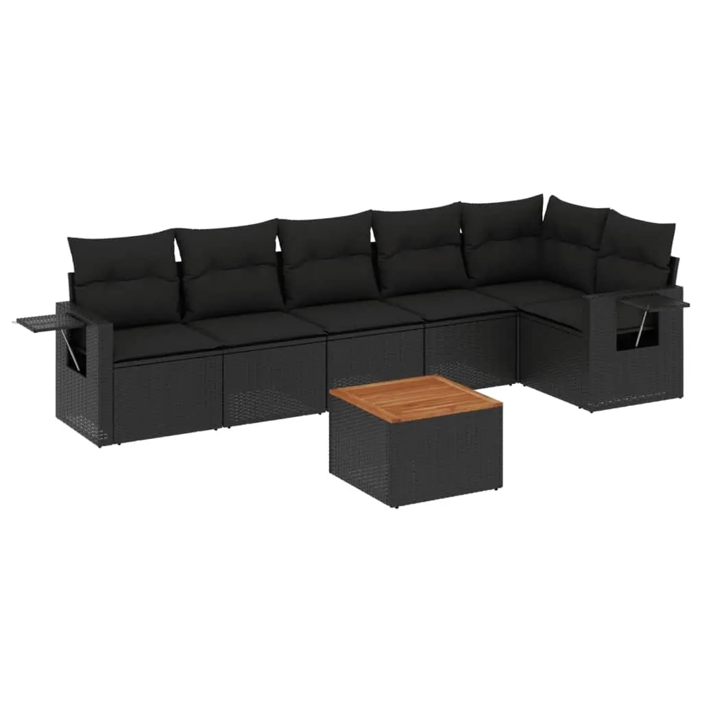 7 Piece Garden Sofa Set with Cushions Black Poly Rattan 3224571 - Furniture