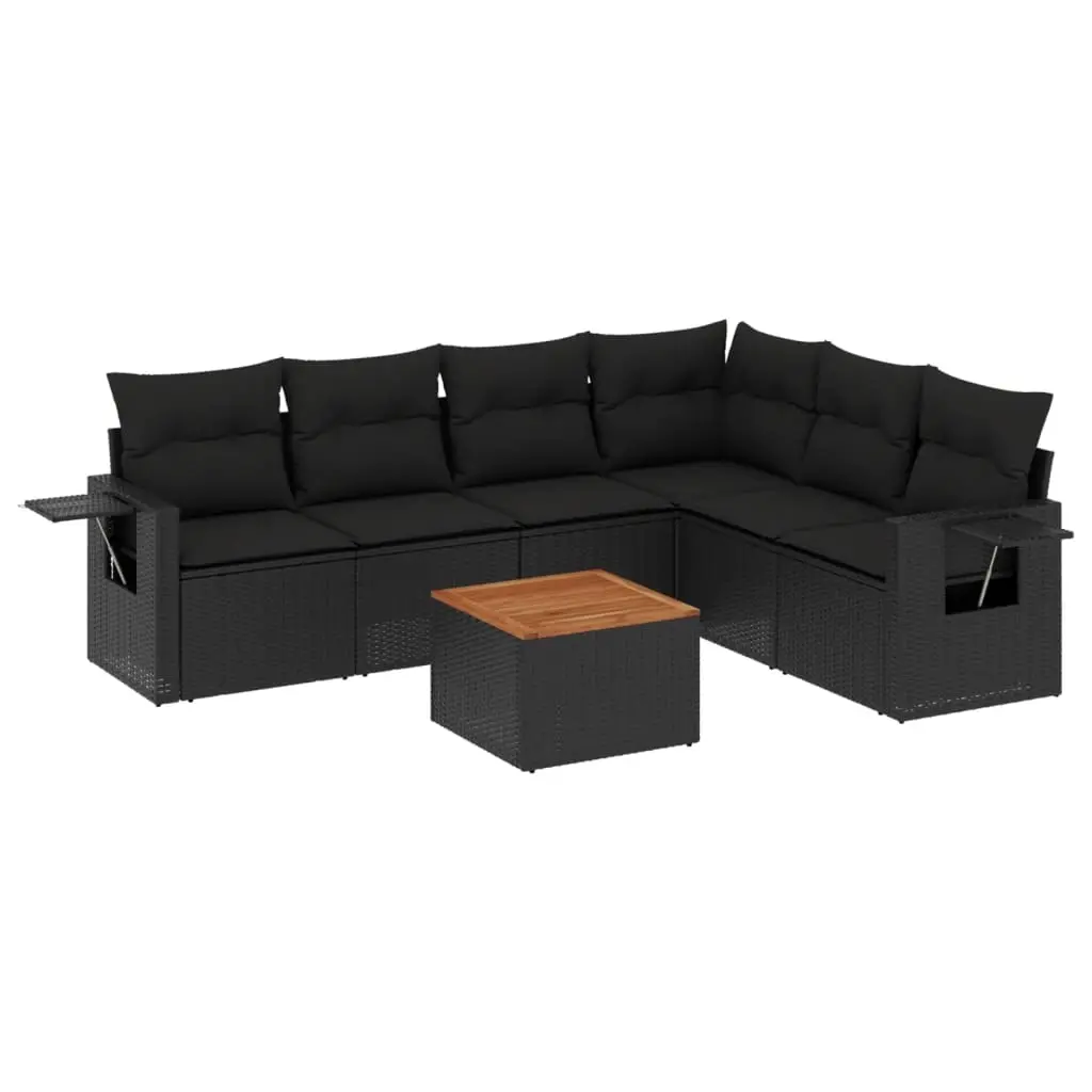 7 Piece Garden Sofa Set with Cushions Black Poly Rattan 3224578 - Furniture