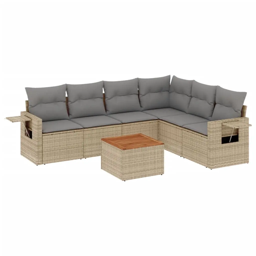 7 Piece Garden Sofa Set with Cushions Beige Poly Rattan 3224582 - Furniture