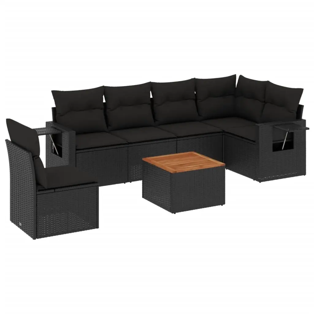 7 Piece Garden Sofa Set with Cushions Black Poly Rattan 3224585 - Furniture
