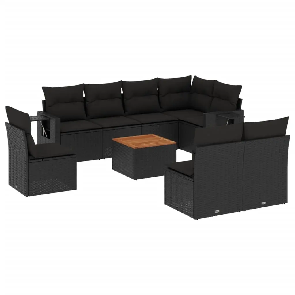 9 Piece Garden Sofa Set with Cushions Black Poly Rattan 3224599 - Furniture
