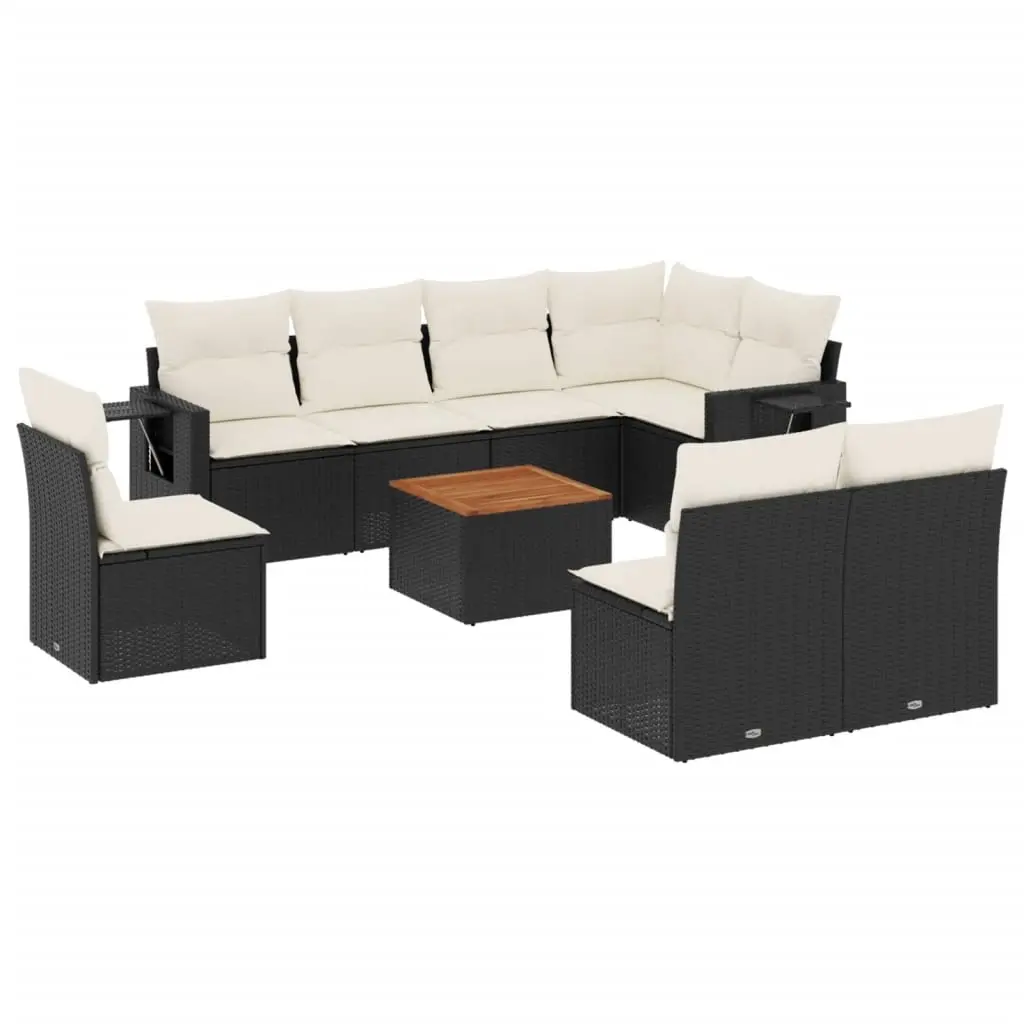 9 Piece Garden Sofa Set with Cushions Black Poly Rattan 3224600 - Furniture