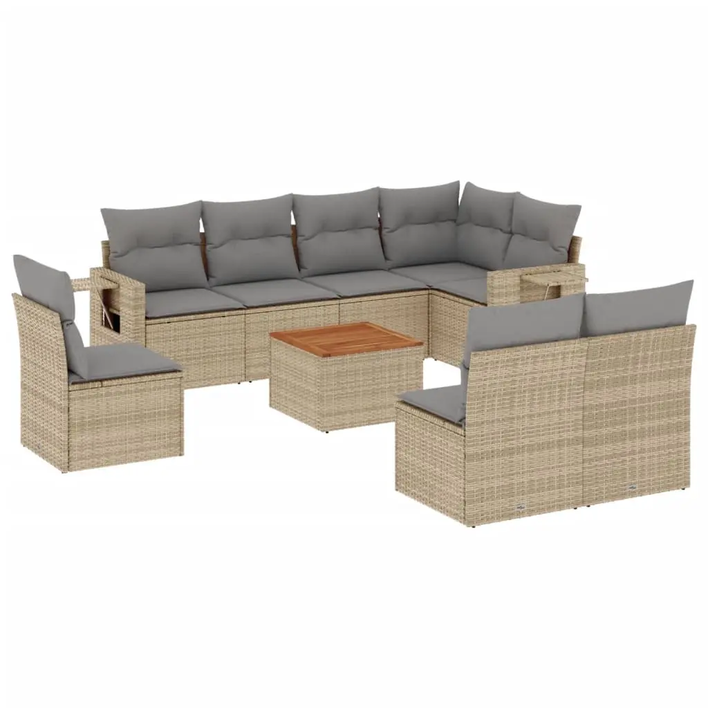 9 Piece Garden Sofa Set with Cushions Beige Poly Rattan 3224603 - Furniture