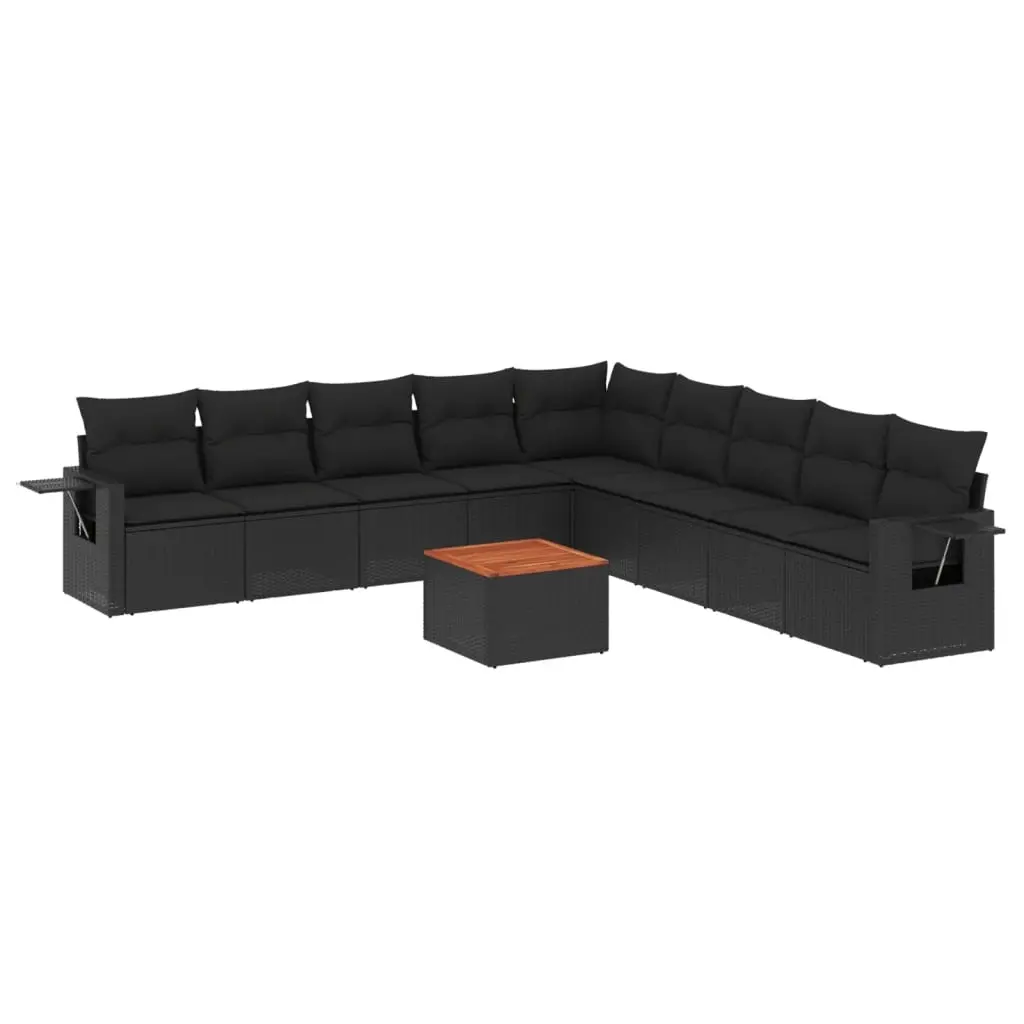 10 Piece Garden Sofa Set with Cushions Black Poly Rattan 3224606 - Furniture