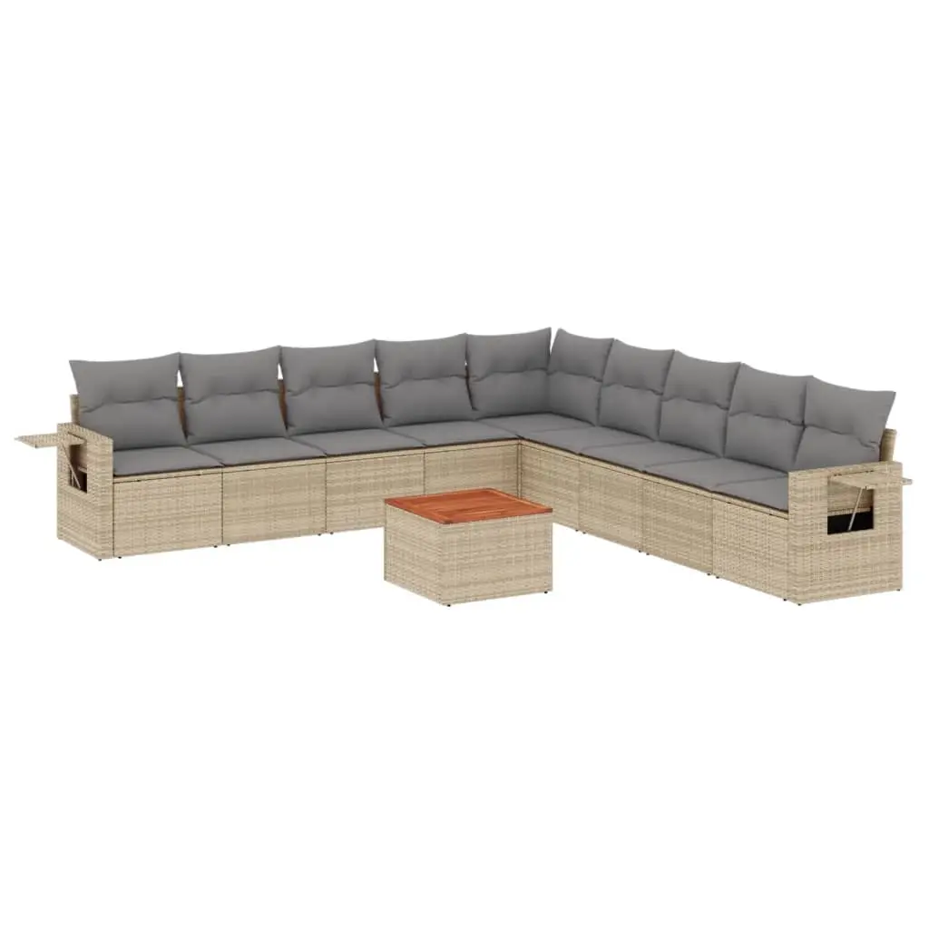 10 Piece Garden Sofa Set with Cushions Beige Poly Rattan 3224610 - Furniture