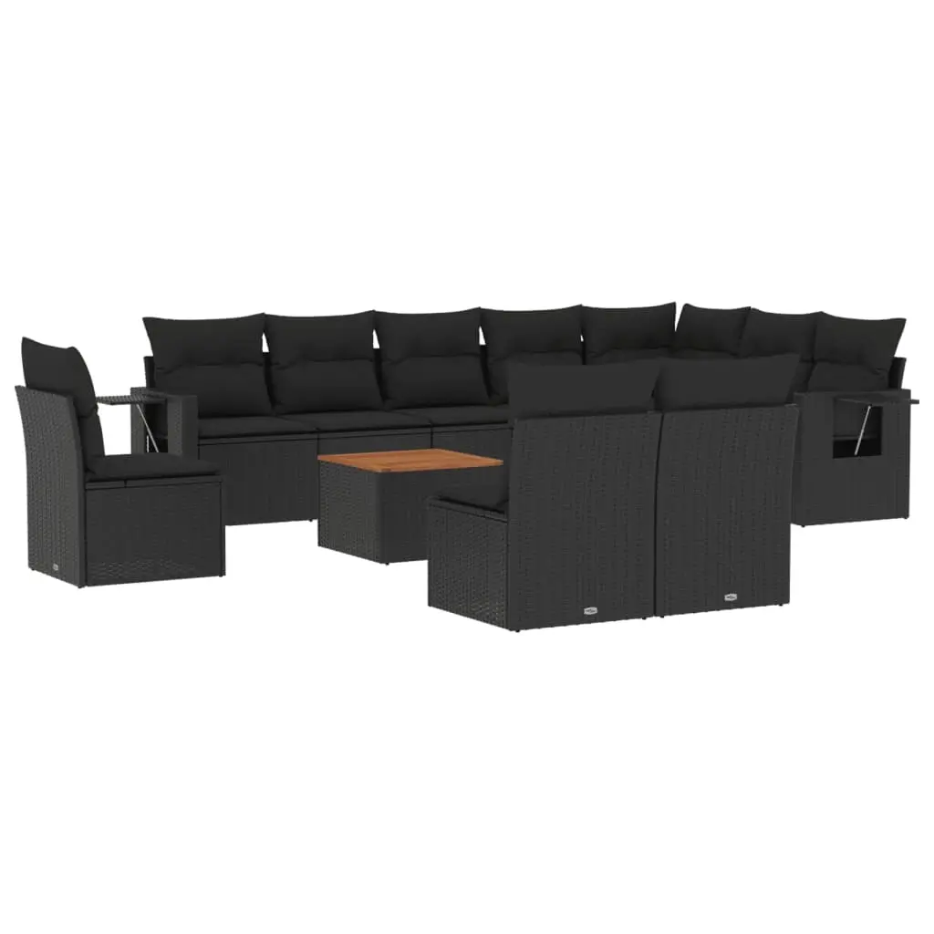 11 Piece Garden Sofa Set with Cushions Black Poly Rattan 3224613 - Furniture