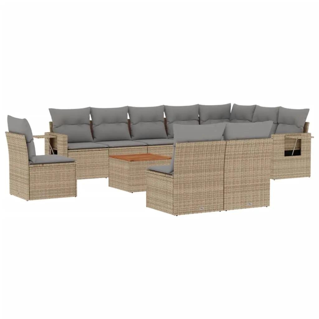 11 Piece Garden Sofa Set with Cushions Beige Poly Rattan 3224617 - Furniture