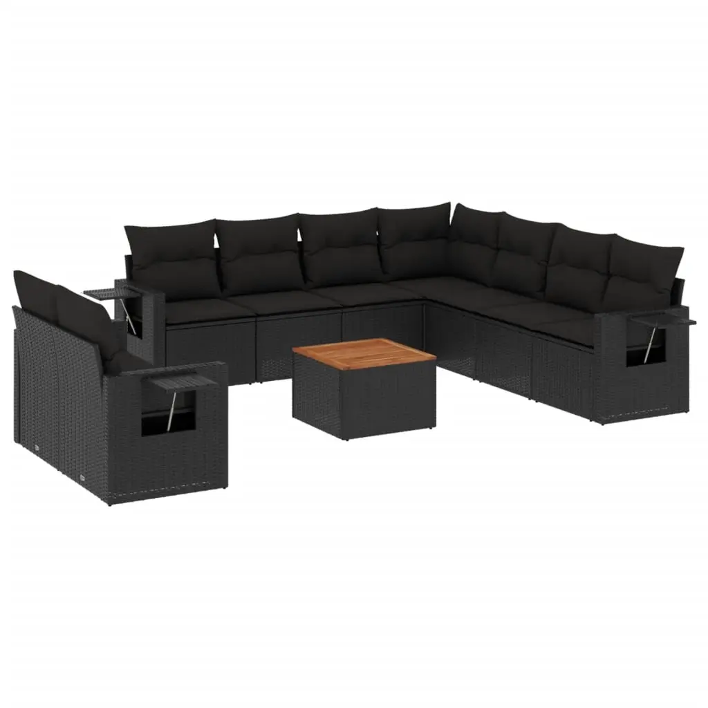 10 Piece Garden Sofa Set with Cushions Black Poly Rattan 3224627 - Furniture