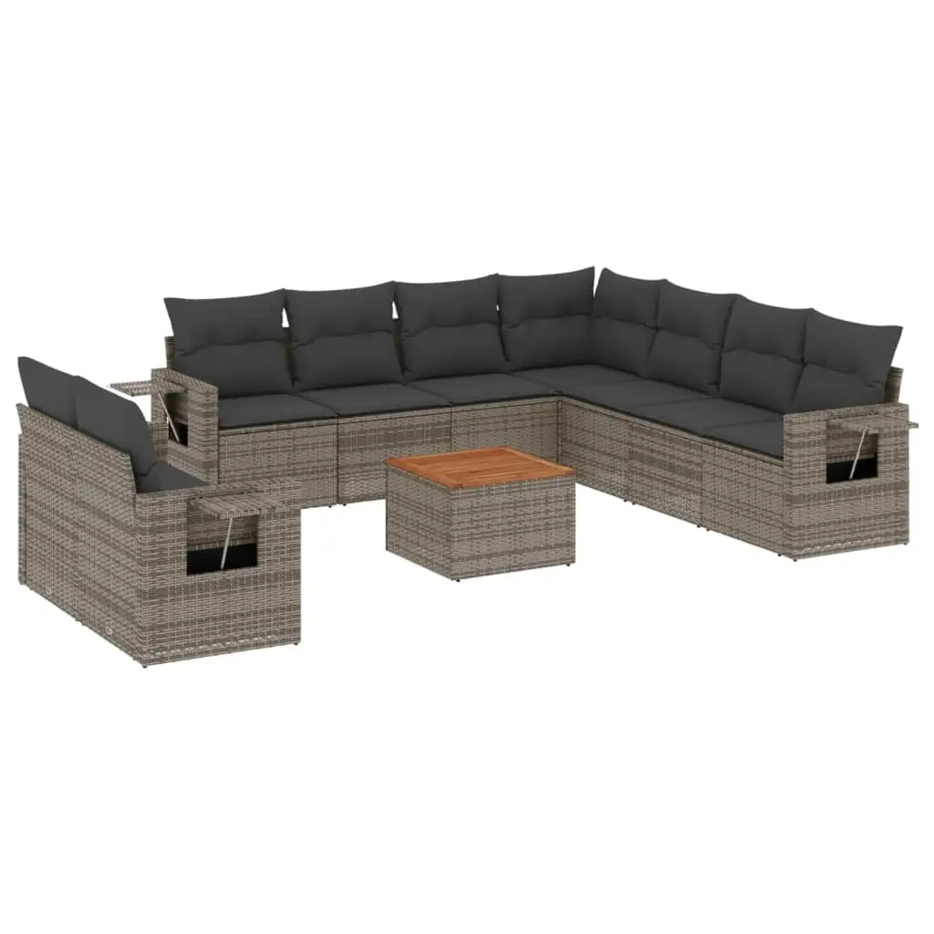 10 Piece Garden Sofa Set with Cushions Grey Poly Rattan 3224632 - Furniture