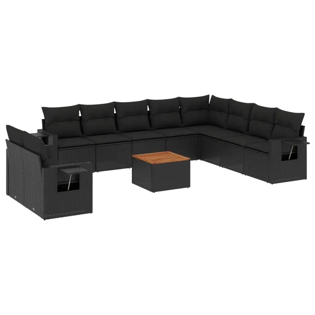 11 Piece Garden Sofa Set with Cushions Black Poly Rattan 3224634 - Furniture