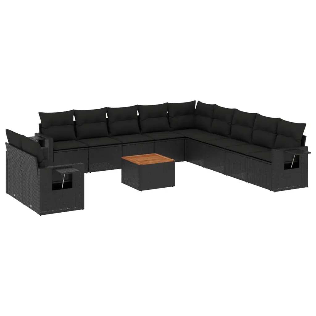 12 Piece Garden Sofa Set with Cushions Black Poly Rattan 3224641 - Furniture