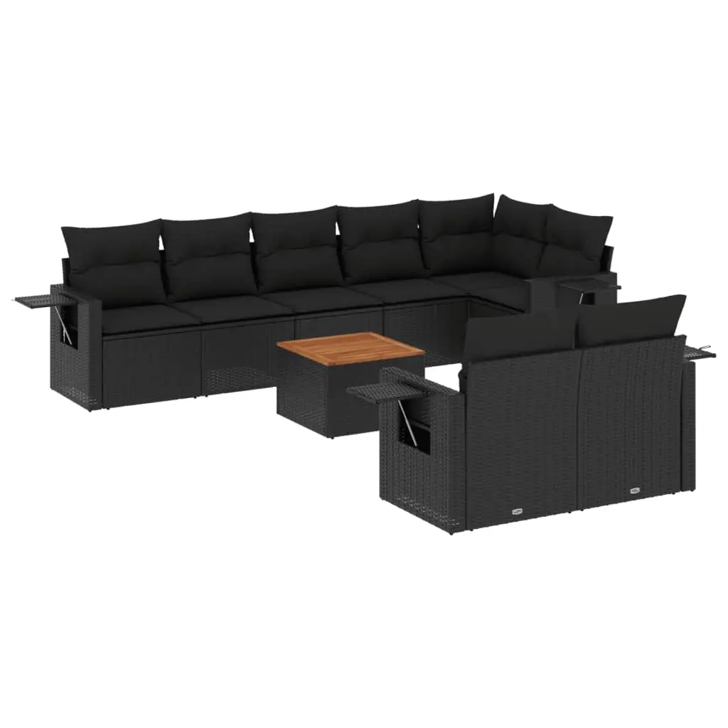 9 Piece Garden Sofa Set with Cushions Black Poly Rattan 3224648 - Furniture