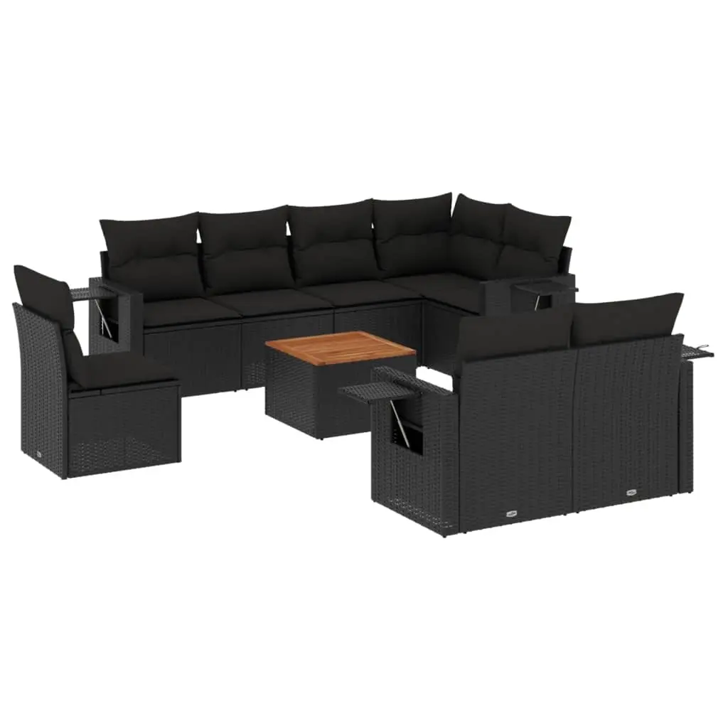 9 Piece Garden Sofa Set with Cushions Black Poly Rattan 3224655 - Furniture
