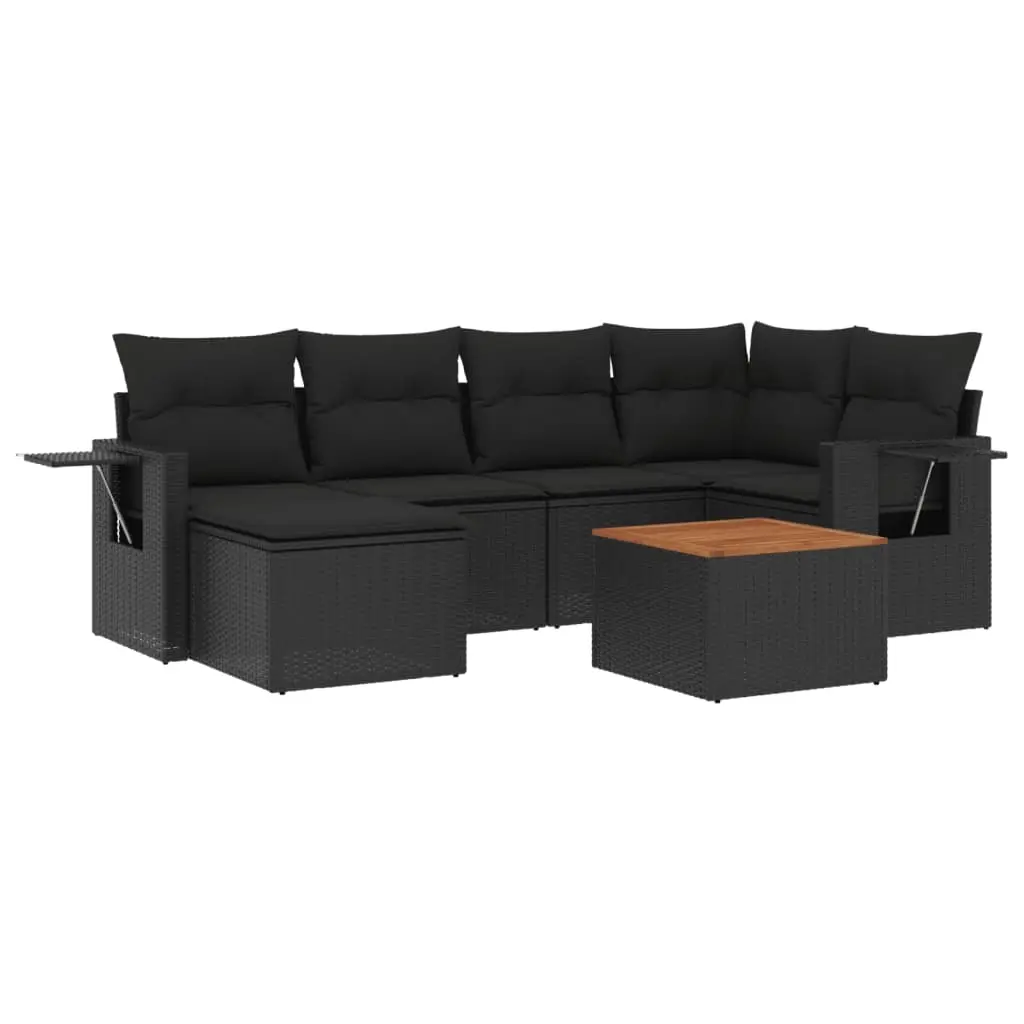 7 Piece Garden Sofa Set with Cushions Black Poly Rattan 3224662 - Furniture