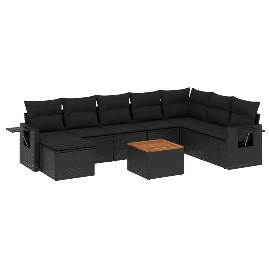 9 Piece Garden Sofa Set with Cushions Black Poly Rattan 3224697 - Furniture