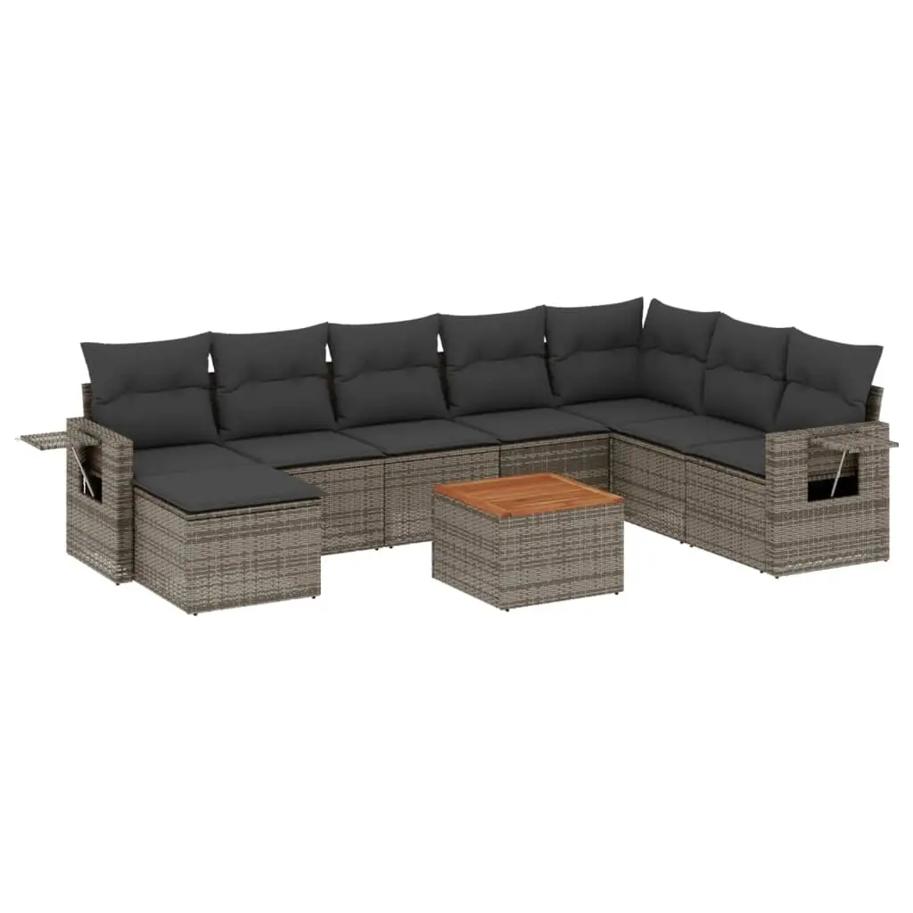 9 Piece Garden Sofa Set with Cushions Grey Poly Rattan 3224702 - Furniture