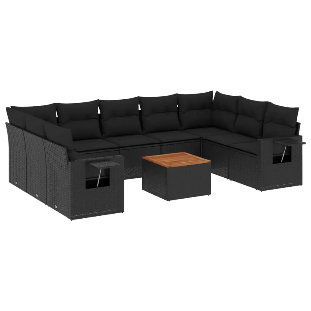 10 Piece Garden Sofa Set with Cushions Black Poly Rattan 3224704 - Furniture