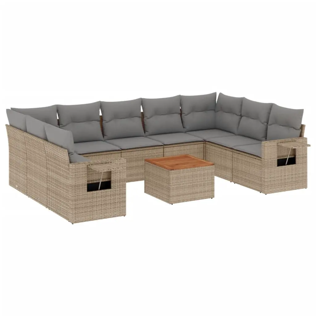 10 Piece Garden Sofa Set with Cushions Beige Poly Rattan 3224708 - Furniture