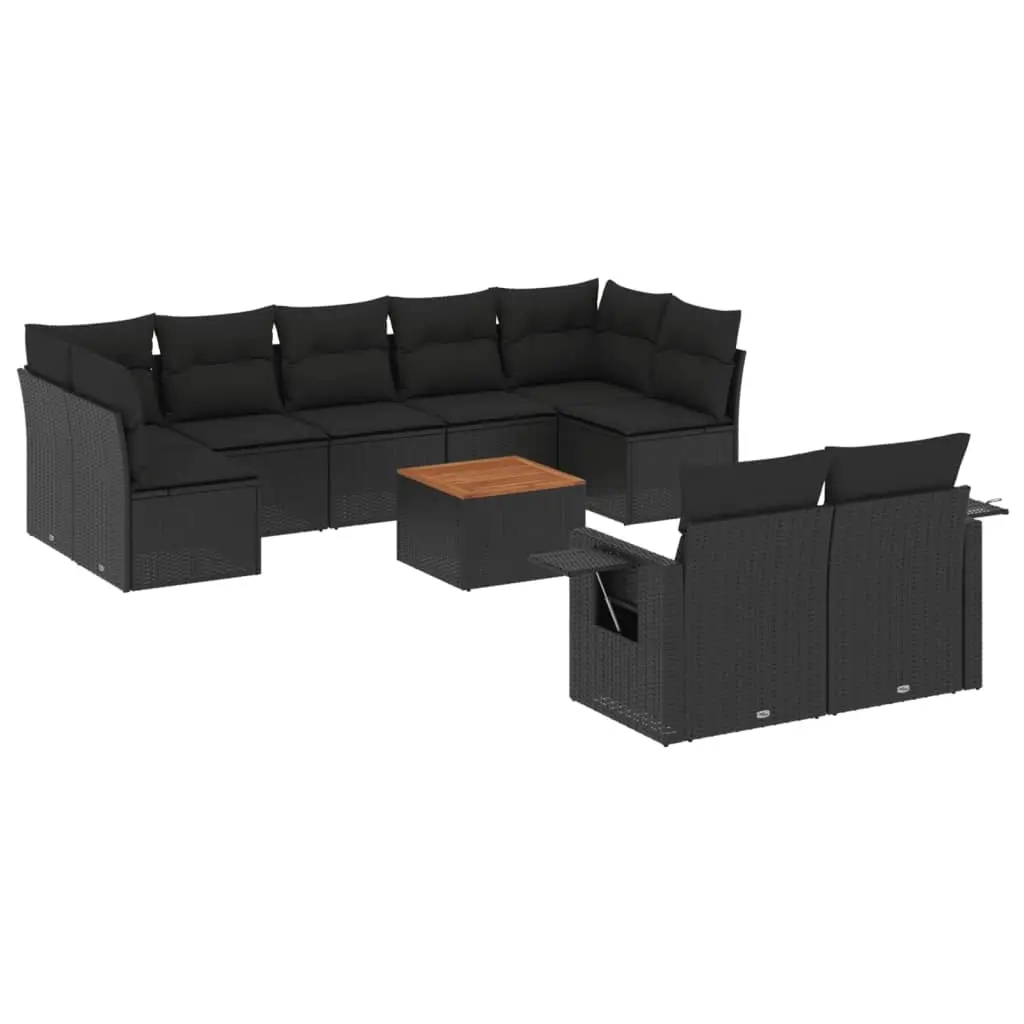 10 Piece Garden Sofa Set with Cushions Black Poly Rattan 3224711 - Furniture