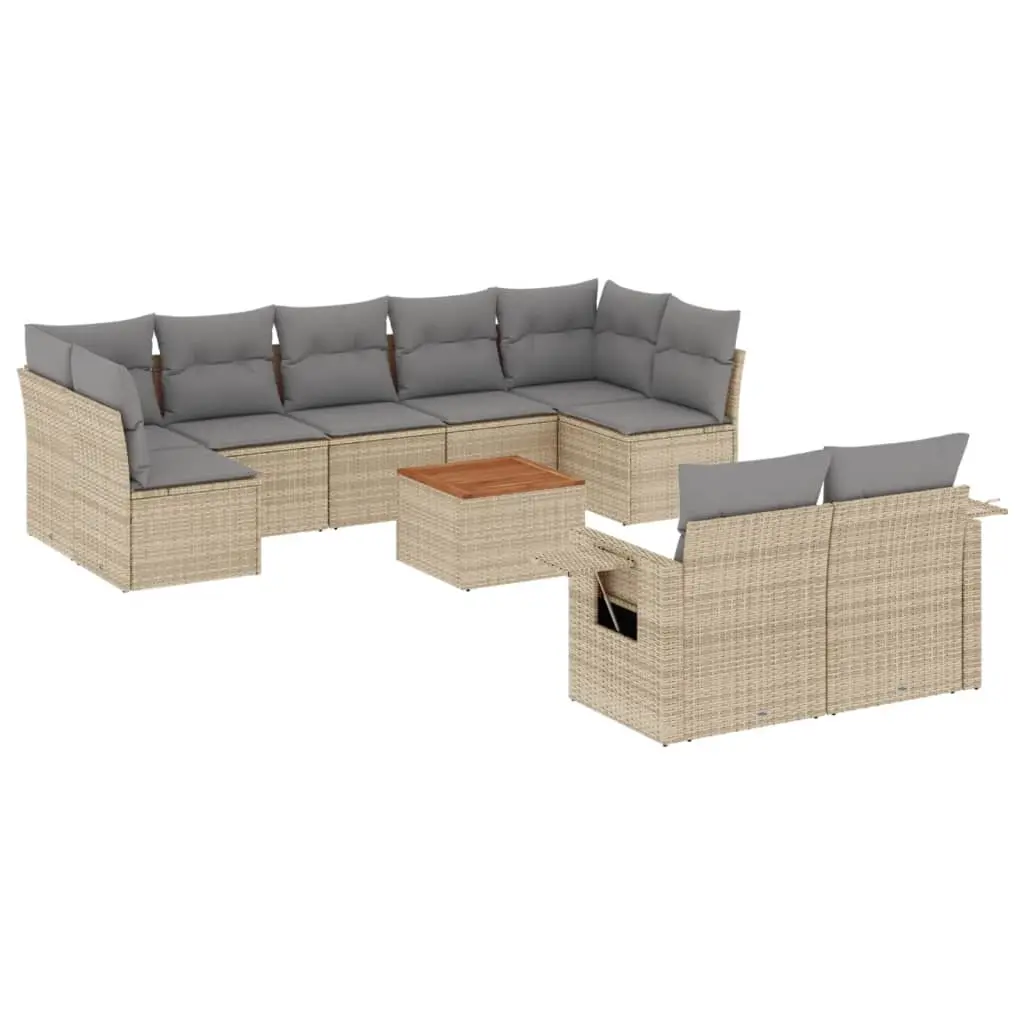 10 Piece Garden Sofa Set with Cushions Beige Poly Rattan 3224715 - Furniture