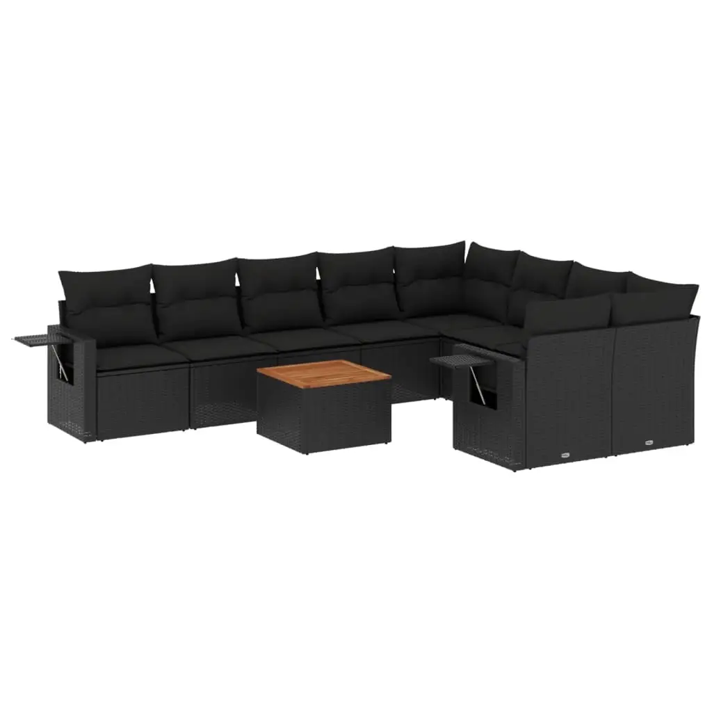10 Piece Garden Sofa Set with Cushions Black Poly Rattan 3224718 - Furniture