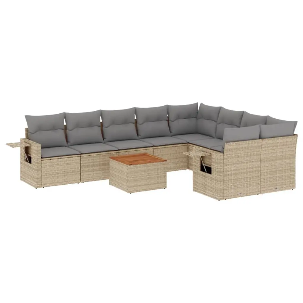10 Piece Garden Sofa Set with Cushions Beige Poly Rattan 3224722 - Furniture