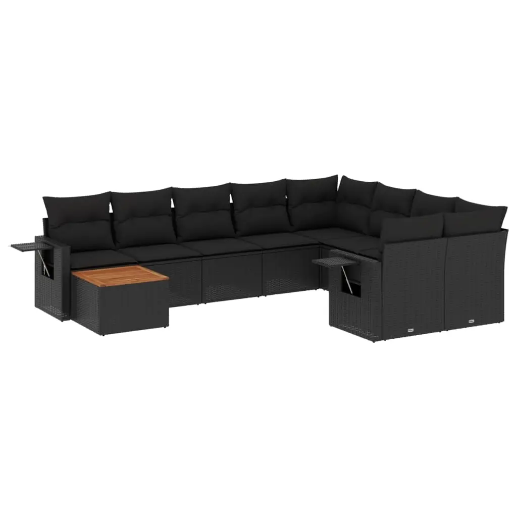10 Piece Garden Sofa Set with Cushions Black Poly Rattan 3224725 - Furniture