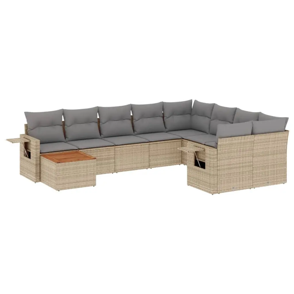 10 Piece Garden Sofa Set with Cushions Beige Poly Rattan 3224729 - Furniture