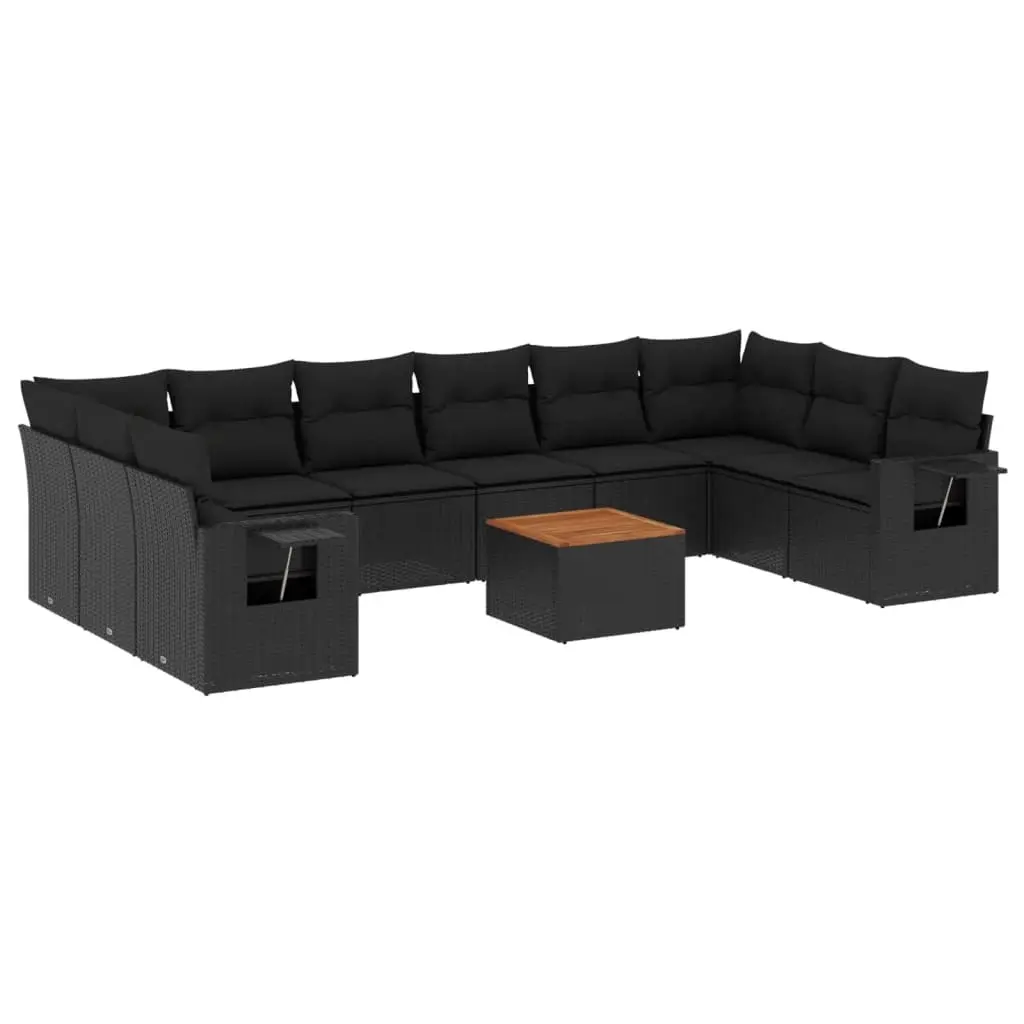 11 Piece Garden Sofa Set with Cushions Black Poly Rattan 3224732 - Furniture
