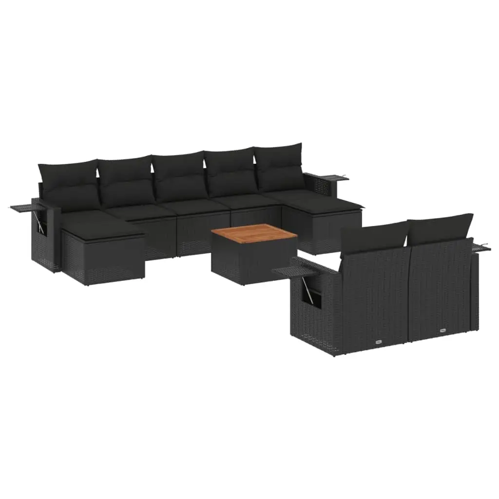 10 Piece Garden Sofa Set with Cushions Black Poly Rattan 3224774 - Furniture