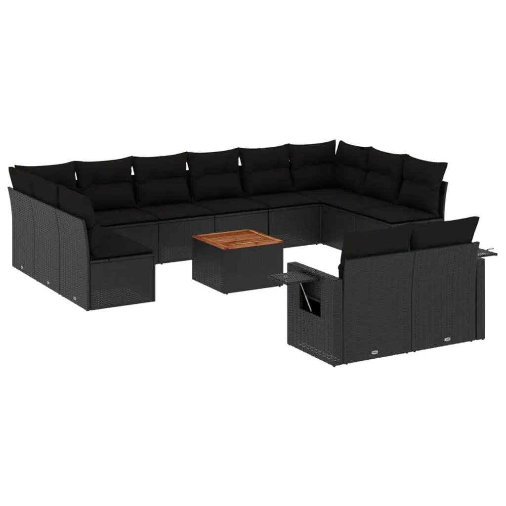 13 Piece Garden Sofa Set with Cushions Black Poly Rattan 3224795 - Furniture