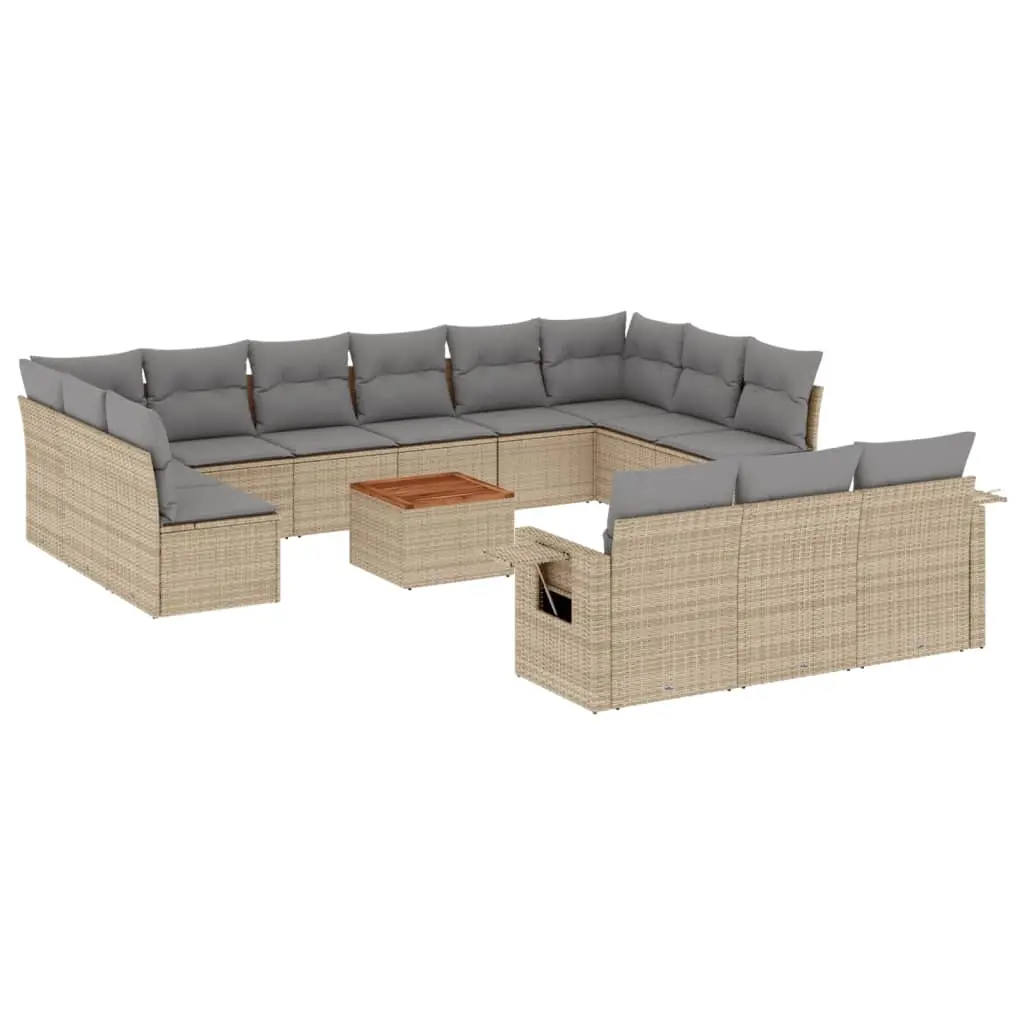 14 Piece Garden Sofa Set with Cushions Beige Poly Rattan 3224806 - Furniture