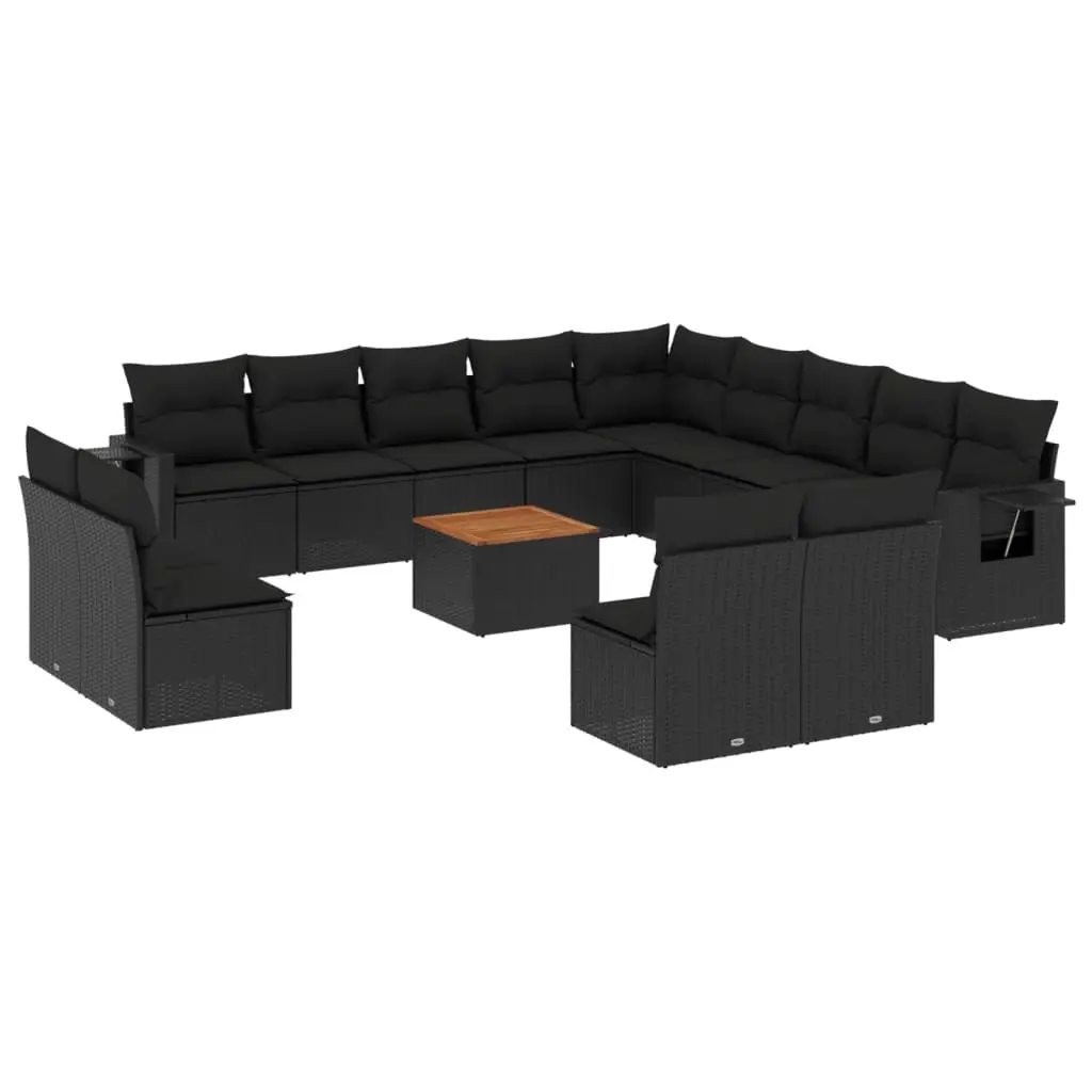 14 Piece Garden Sofa Set with Cushions Black Poly Rattan 3224816 - Furniture