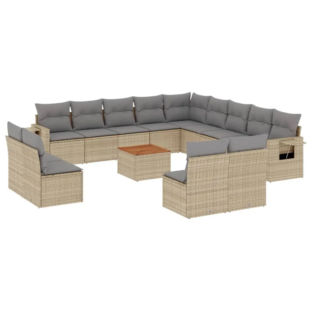 14 Piece Garden Sofa Set with Cushions Beige Poly Rattan 3224820 - Furniture