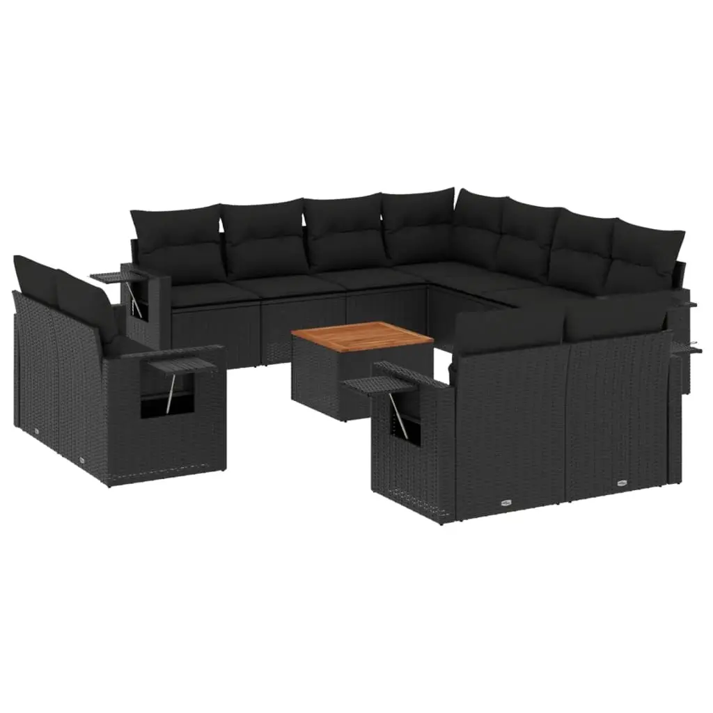12 Piece Garden Sofa Set with Cushions Black Poly Rattan 3224823 - Furniture