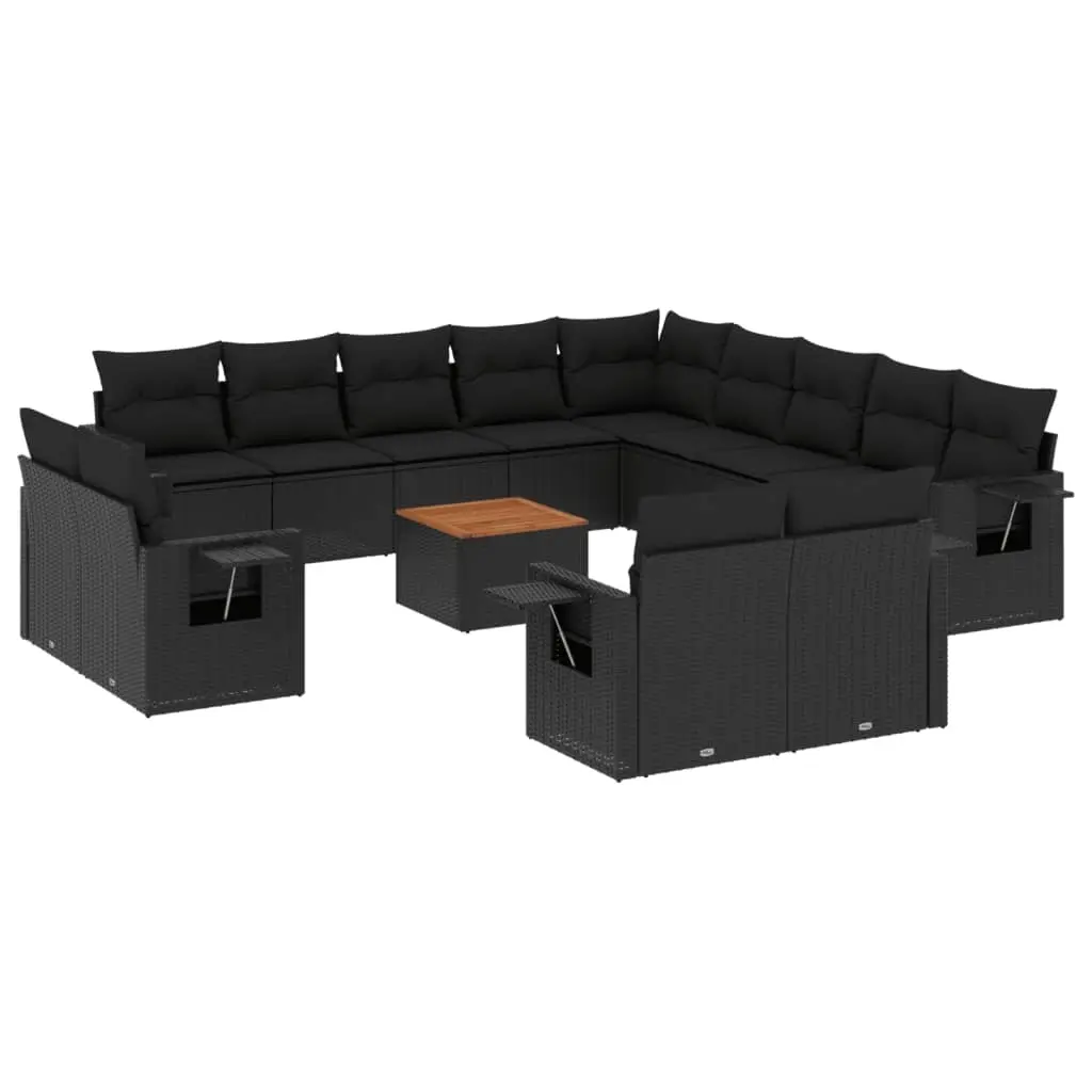 14 Piece Garden Sofa Set with Cushions Black Poly Rattan 3224837 - Furniture