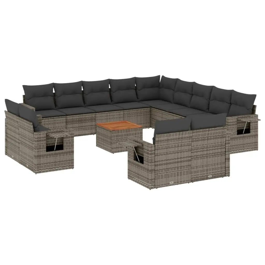 14 Piece Garden Sofa Set with Cushions Grey Poly Rattan 3224842 - Furniture
