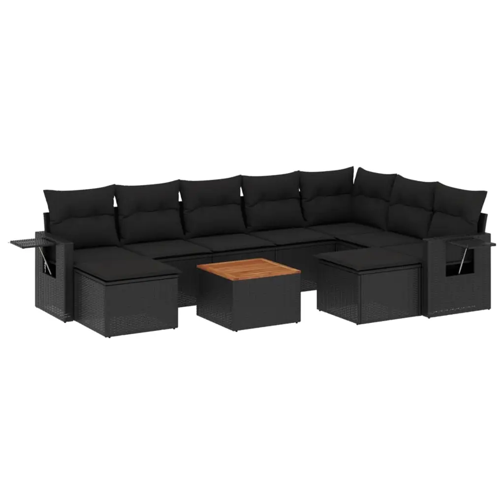 10 Piece Garden Sofa Set with Cushions Black Poly Rattan 3224844 - Furniture