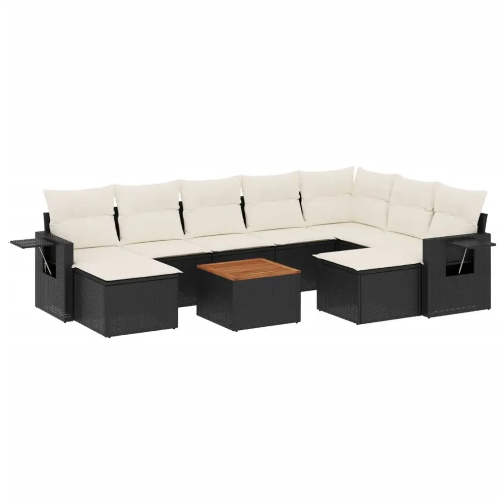 10 Piece Garden Sofa Set with Cushions Black Poly Rattan 3224845 - Furniture