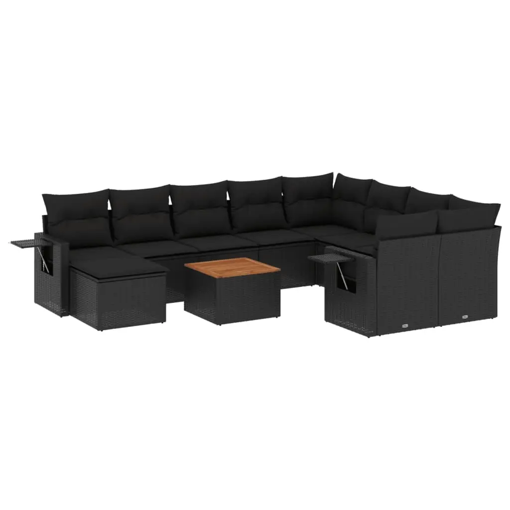 11 Piece Garden Sofa Set with Cushions Black Poly Rattan 3224851 - Furniture