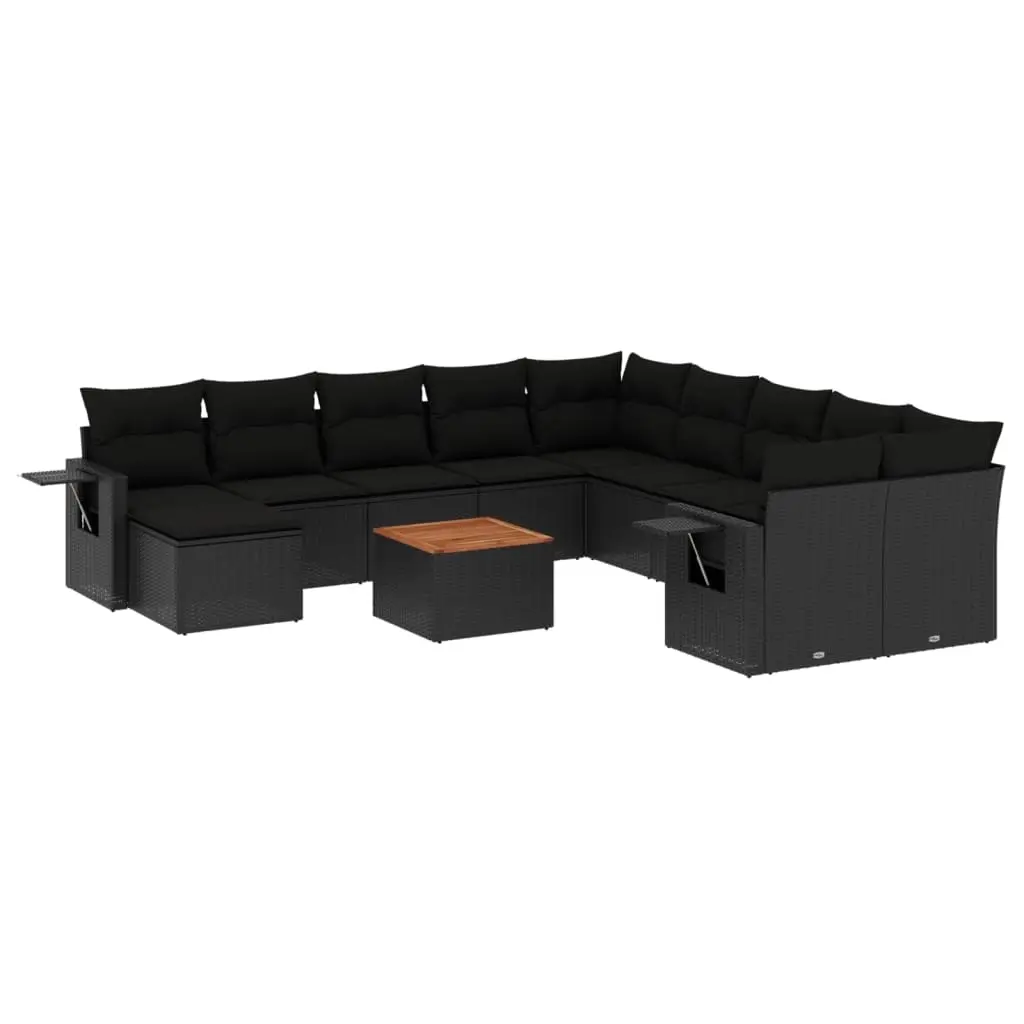 12 Piece Garden Sofa Set with Cushions Black Poly Rattan 3224858 - Furniture