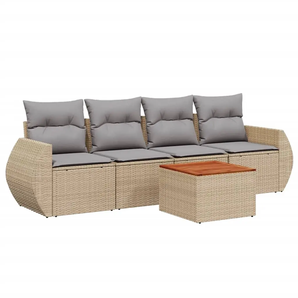5 Piece Garden Sofa Set with Cushions Beige Poly Rattan 3224883 - Furniture
