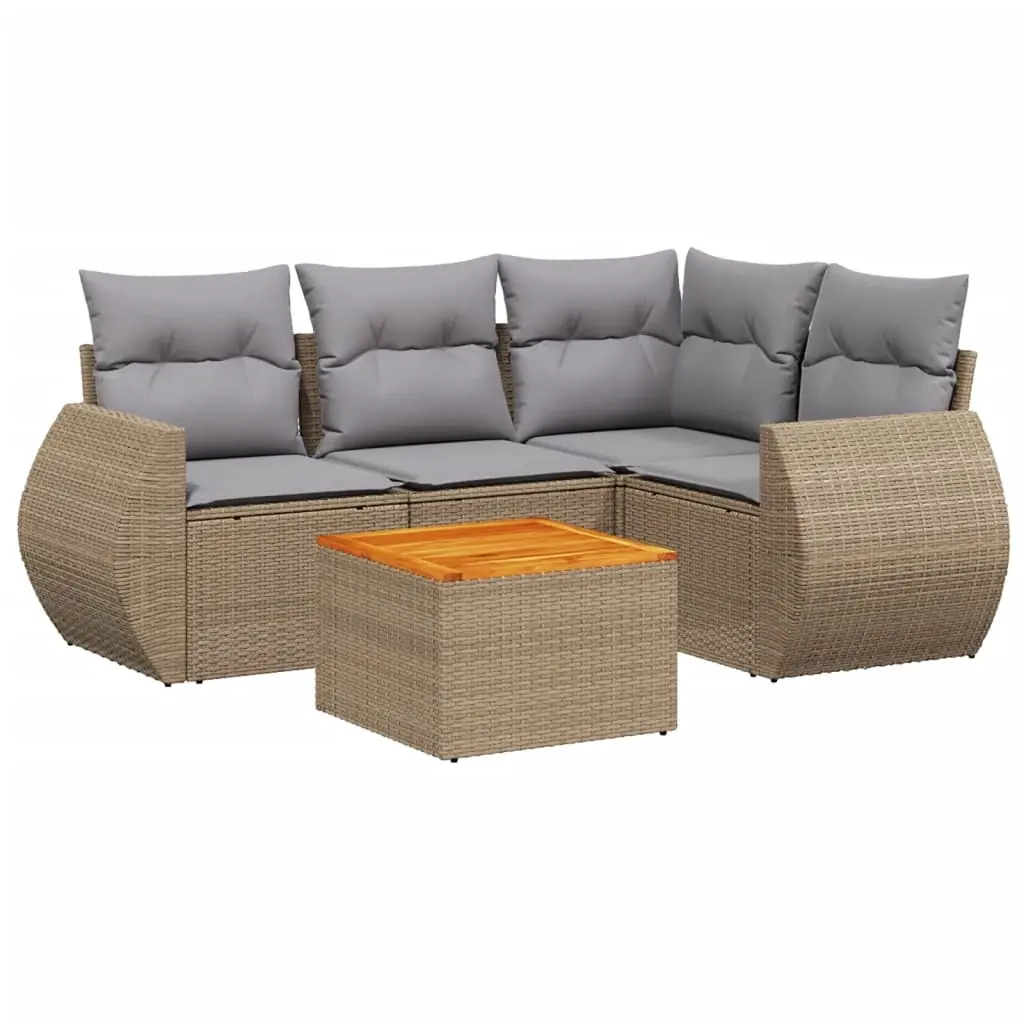 5 Piece Garden Sofa Set with Cushions Beige Poly Rattan 3224988 - Furniture