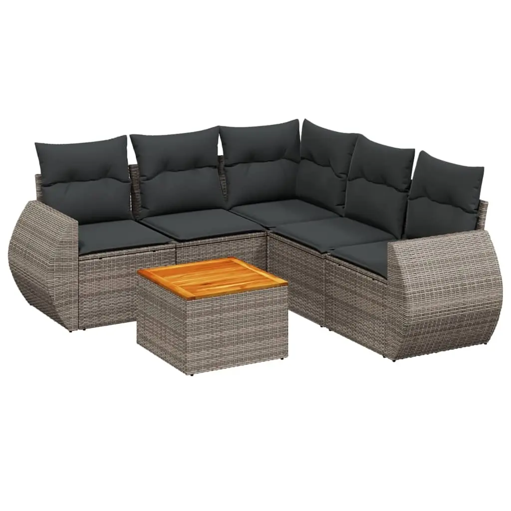 6 Piece Garden Sofa Set with Cushions Grey Poly Rattan 3225003 - Furniture