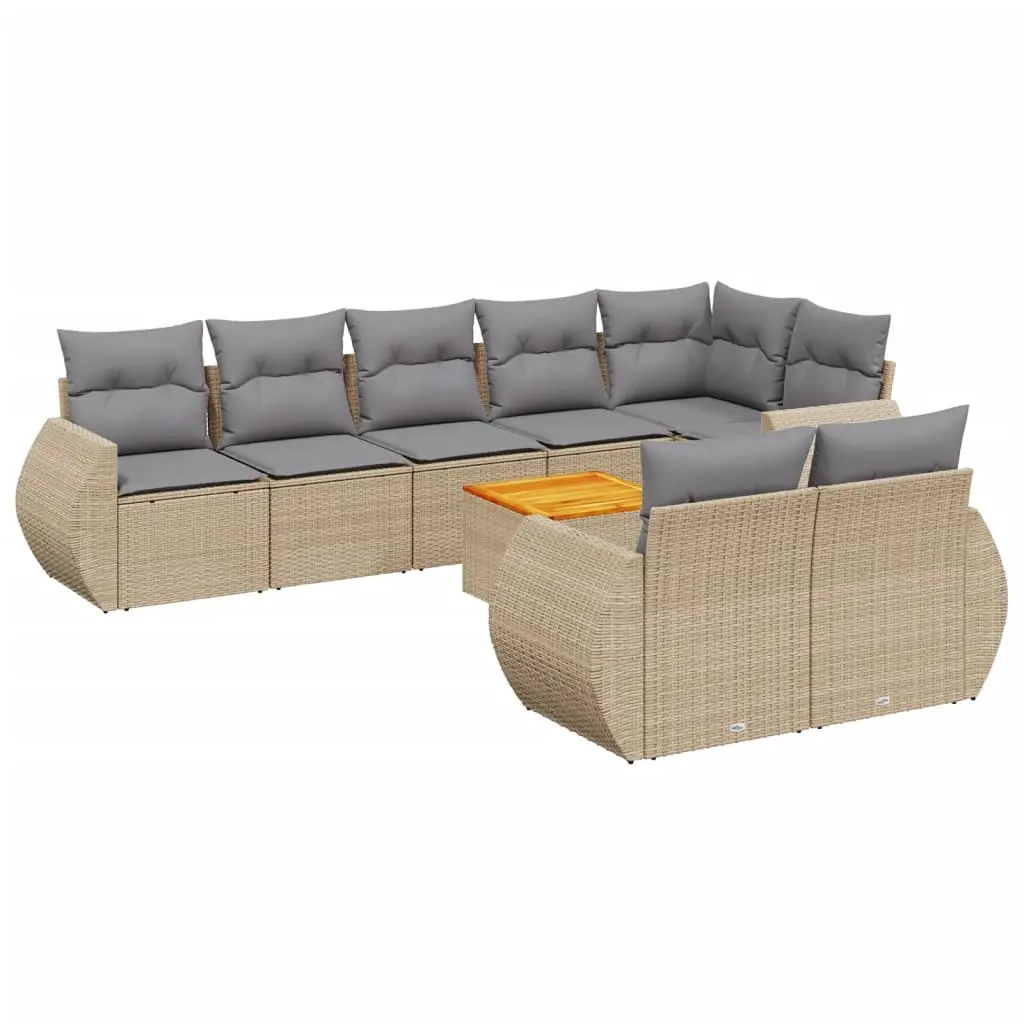 9 Piece Garden Sofa Set with Cushions Beige Poly Rattan 3225093 - Furniture