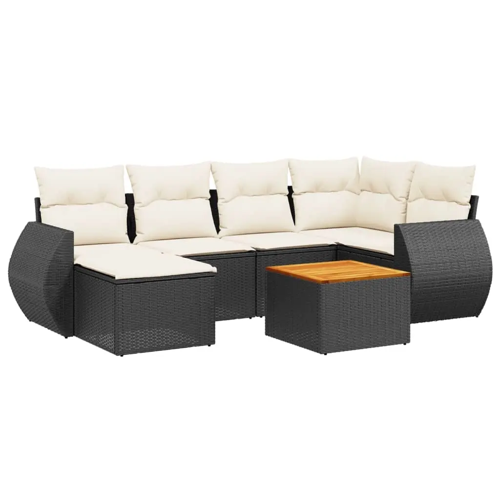 7 Piece Garden Sofa Set with Cushions Black Poly Rattan 3225104 - Furniture